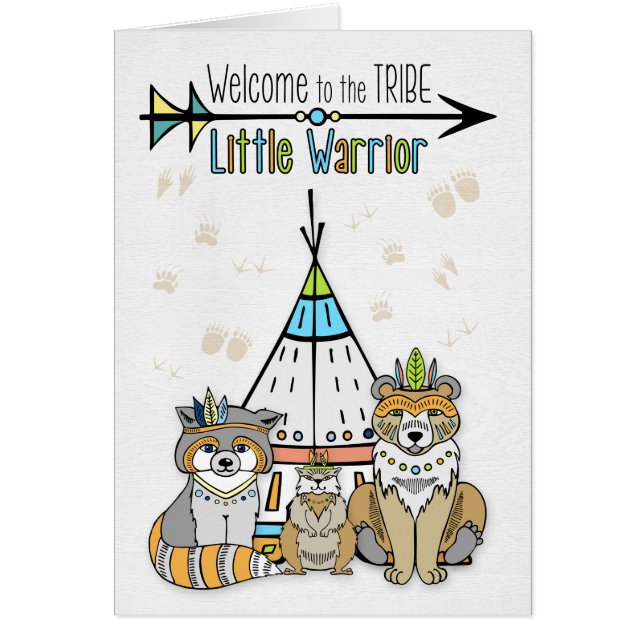 Cartão Novo Bebê Bem-vindo à Tribo Pequeno Guerreiro (Frente)