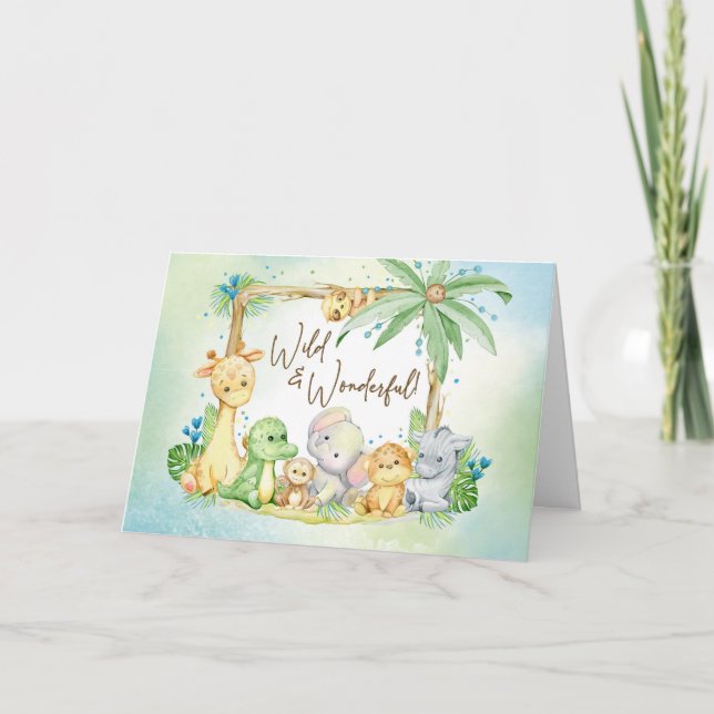 Cartão Novo Bebê Menino Animais da Savana Selvagens e Mar (Frente)