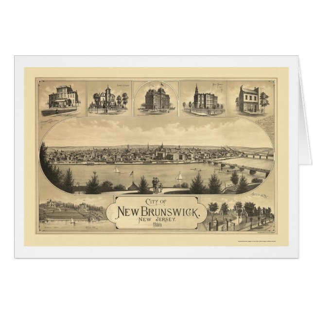 Cartão Novo Brunswick, mapa panorâmico de NJ - 1880 (Frente Horizontal)