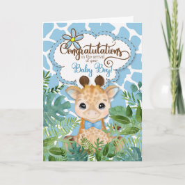 Cartão Novo Menino Azul Girafa Parabéns da Selva