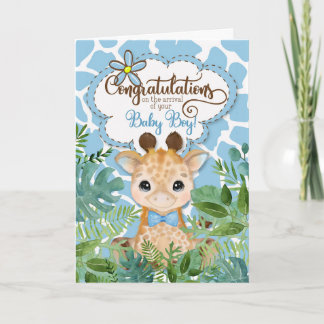 Cartão Novo Menino Azul Girafa Parabéns da Selva