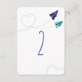 Cartão numérico de mesa com avião de papel aquarel