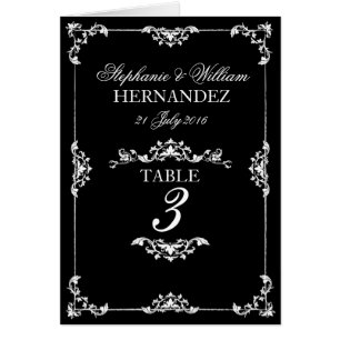 Cartão Número da Tabela de Casamento Floral Preto e Branc