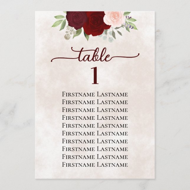 Cartão Número da Tabela do Gráfico de Casamento de Rosa V (Frente)