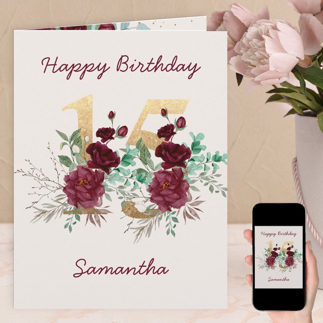 Cartão Número Floral 15 15 Personalizado Aniversário (Criador carregado)