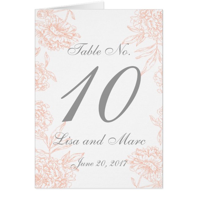 Cartão Número floral cinzento coral da mesa do casamento (Frente)