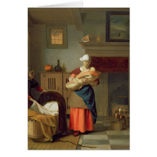 Cartão Nursemaid com bebê em um interior