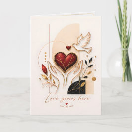Cartão O Amor Cresce Aqui – Pombo Dourado & Coração Arte