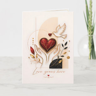 Cartão O Amor Cresce Aqui – Pombo Dourado & Coração Arte