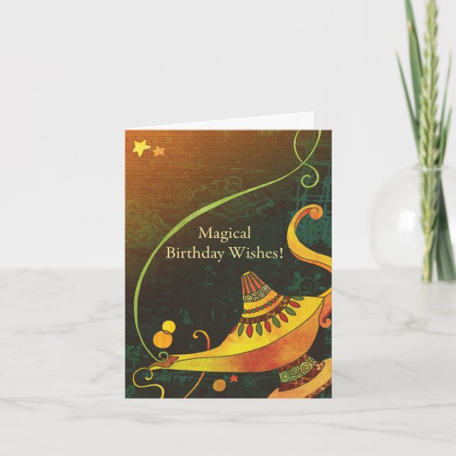 Cartão O Aniversário da Lâmpada do Genie deseja (Frente)