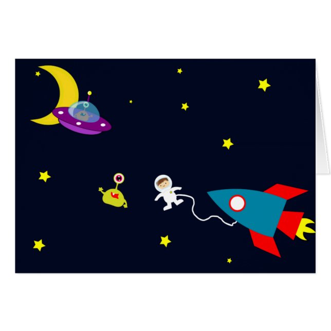 Cartão O astronauta encontra aliens no espaço (Frente Horizontal)