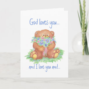 Cartão O deus ama-o e eu te amo, flores do urso de