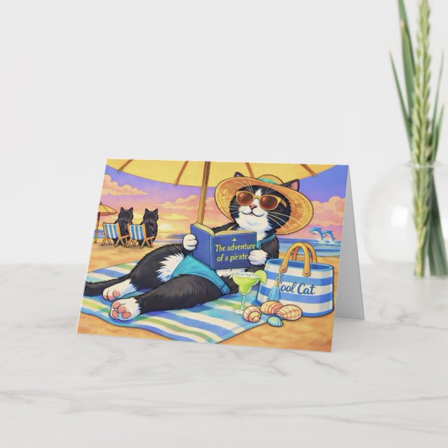 Cartão O Dia Perfeito na Praia, Gato  (Frente)