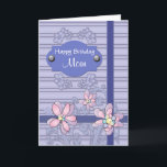 Cartão O feliz aniversario genérico setup para o Tag do<br><div class="desc">Um Tag simulado do presente deseja ao receptor um o feliz aniversario. O pacote do desejo é amarrado com fita roxa e as decorações florais. Você pode mudar o nome destinatário e o texto dentro.</div>