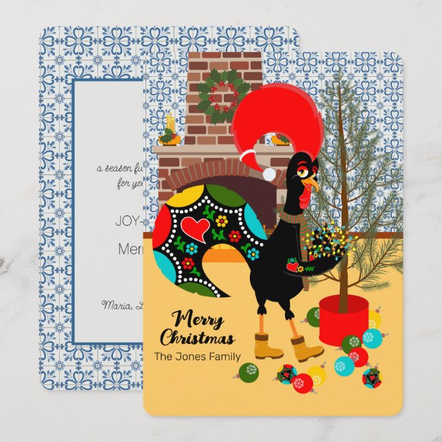 Cartão O galo português e as luzes do Natal (Frente/Verso)