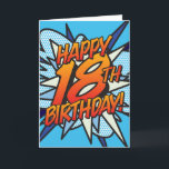 Cartão O Livro de BD FELIZ 18º ANIVERSÁRIO azul<br><div class="desc">pop de banda desenhada de super-heróis,  cartões de celebração de aniversário felizes. Tratem alguém especial no dia especial! Desenvolvido pela ComicBookPop© em www.zazzle.com/comicbookpop*</div>