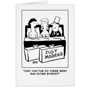 Cartão O melhor homem junta-se à noiva e ao noivo na cama