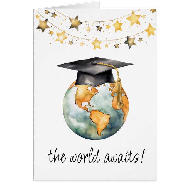 Cartão O Mundo Aguarda Parabéns Saudações Graduado  (Frente)