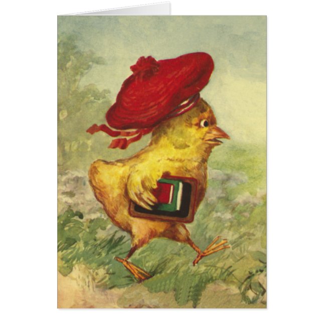 Cartão O pintinho em uma boina vermelha vai para trás à (Frente)