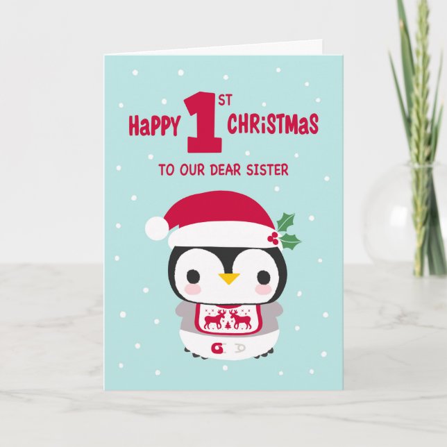 Cartão O Primeiro Natal da Nossa Irmã com o Pinguim Bebê (Frente)