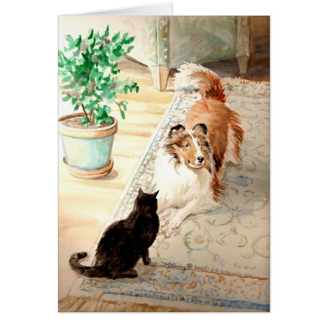 Cartão "O tapete azul" - Sheltie & gato (Frente)