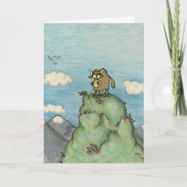 Cartão O yak engraçado do desenho animado no topo da mont (Frente)