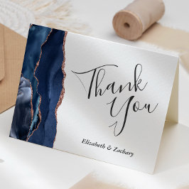 Cartão Obrigado Casamento Ágata Azul Marinho Dourado Rosa