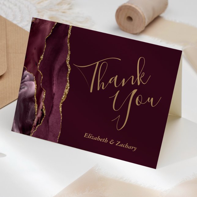 Cartão Obrigado Casamento Ágata Dourada Borgonha (Criador carregado)