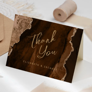 Cartão Obrigado Casamento Escrito em Ágata Dourada Marrom