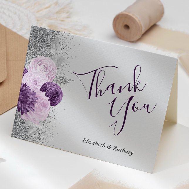 Cartão Obrigado Casamento Floral Cinza Roxo Prata (Criador carregado)