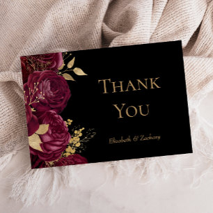 Cartão Obrigado Casamento Floral Dourado Borgonha Preto