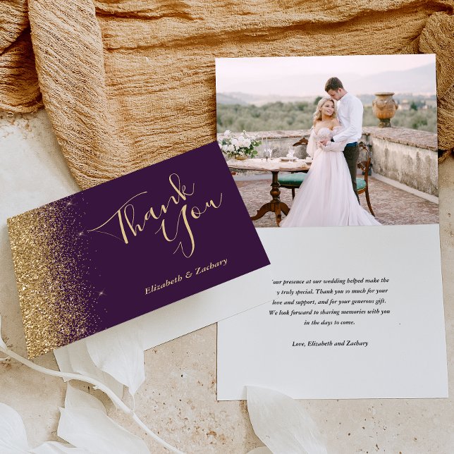 Cartão Obrigado Casamento Glitter Dourado Roxo (Criador carregado)