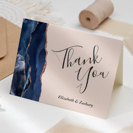 Cartão Obrigado Casamento Rosa Dourado Agata Azul Marinho