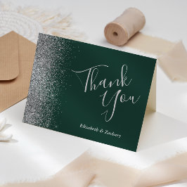 Cartão Obrigado Casamento Verde Esmeralda Brilho Prata