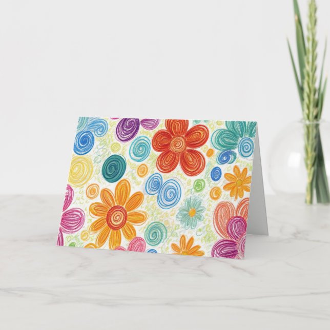 Cartão Obrigado Crayon Doodle Daisy Design (Frente)