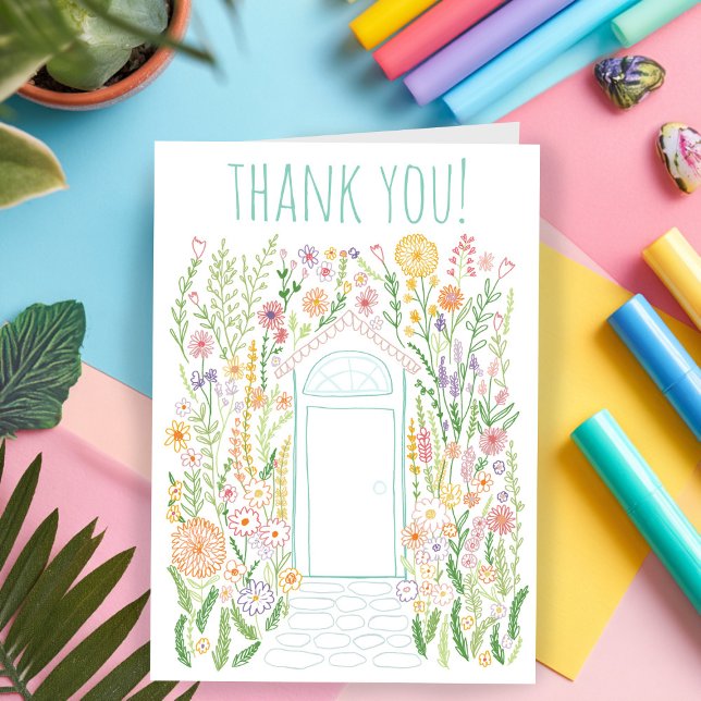 Cartão OBRIGADO, doçura colorida do jardim (THANK YOU Sweet Garden Door Flowers Cute Colorful Doodle Greeting Card
)