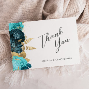 Cartão Obrigado Flat Casamento Floral Água-Marinha Dourad