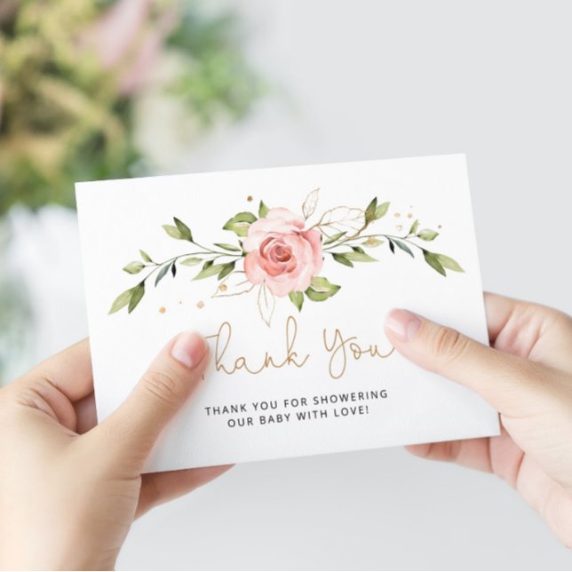 Cartão Obrigado floral chá de fraldas Blush gold (Criador carregado)