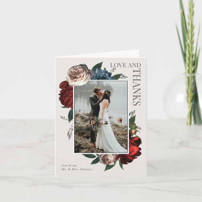 Cartão Obrigado floral Luxe elegante da foto do casamento (Frente)