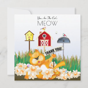 Cartão Obrigado Gato e Pássaros no Jardim