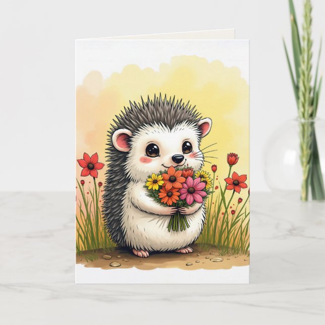 Cartão Obrigado Hedgehog Com Flor. (Frente)