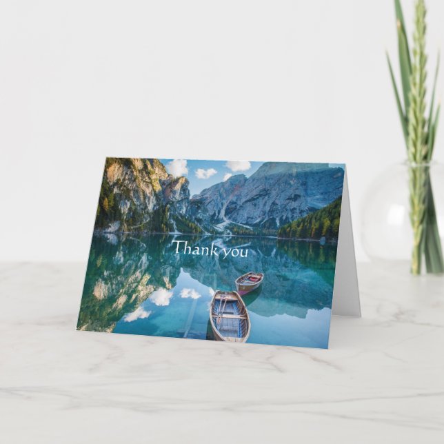 Cartão Obrigado Landscape Mountain Lake Boat Scripting (Frente)