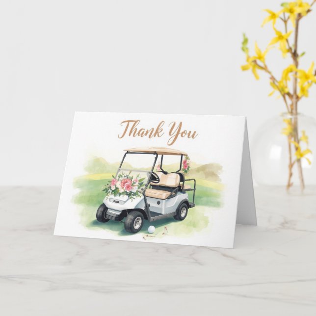 Cartão Obrigado pelo golfe com carrinho de golfe e flores (Flor Amarela)