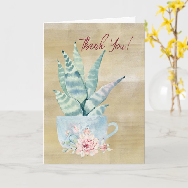 Cartão Obrigado! Placa Cactus Watercolor (Flor Amarela)