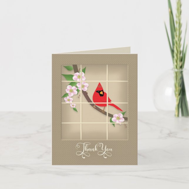 Cartão Obrigado, Red Cardinal/Apple Blossoms, Notecard (Frente)