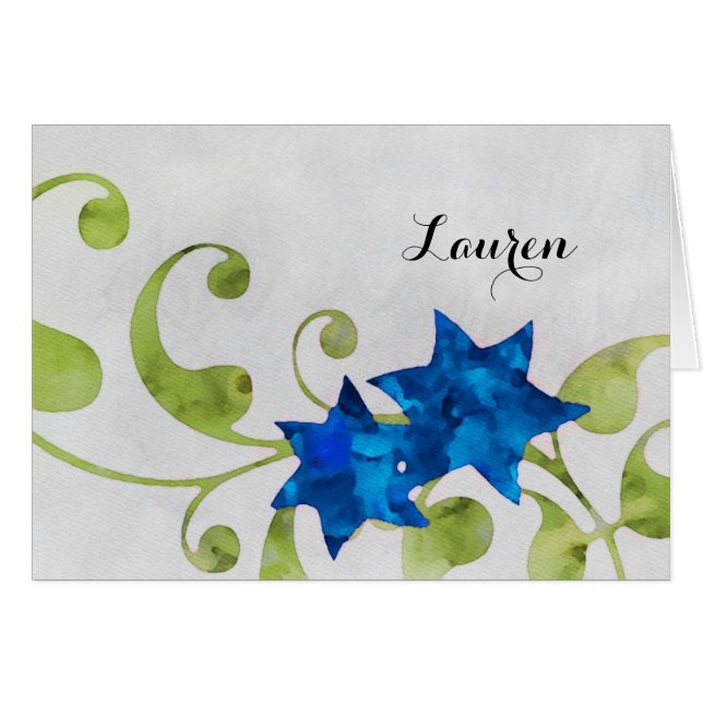 Cartão Obrigado Watercolor Star Floral Design Blue (Frente horizontal)