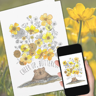 Cartão Obter Bem Groundhog e Flores Aquarela