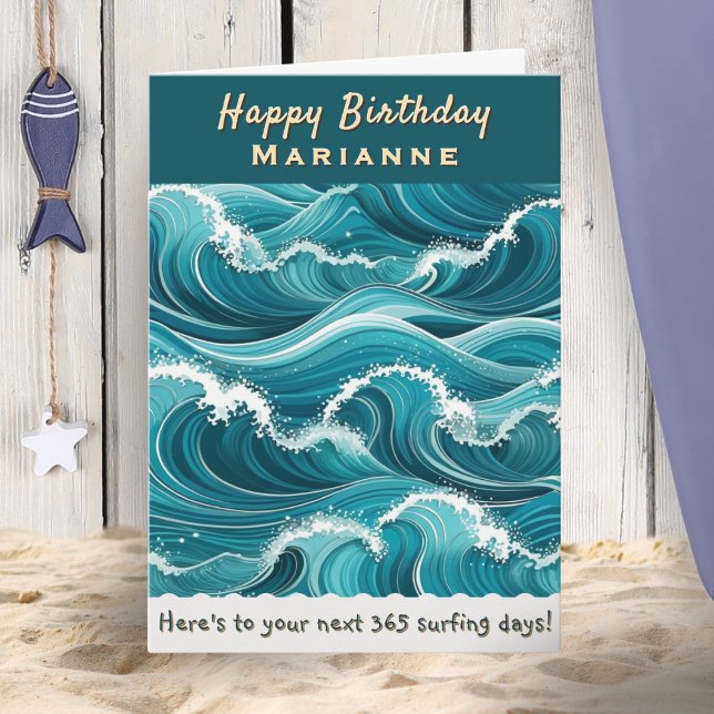 Cartão Ocean Waves Navegando Nome Personalizado Feliz Ani (A personalized birthday card for a keen surfer, with turquoise ocean waves design)