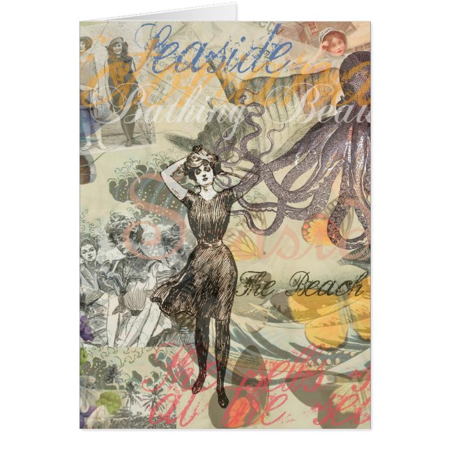 Cartão Octopus Beach Antique Coastal Steampunk (Frente)