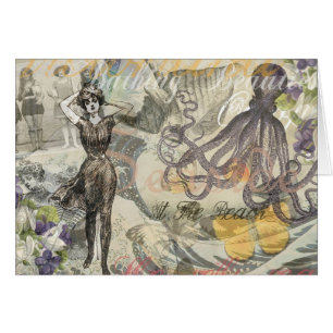 Cartão Octopus Beach Antique Coastal Steampunk